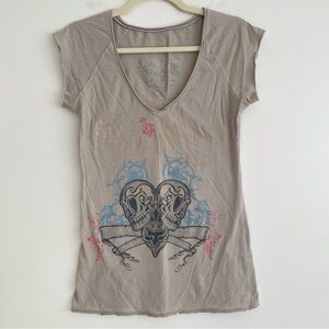 Y2K Fox Racing Graphic T Shirt V Neck Double Sided Skull Heart Logo Vintage Sz M